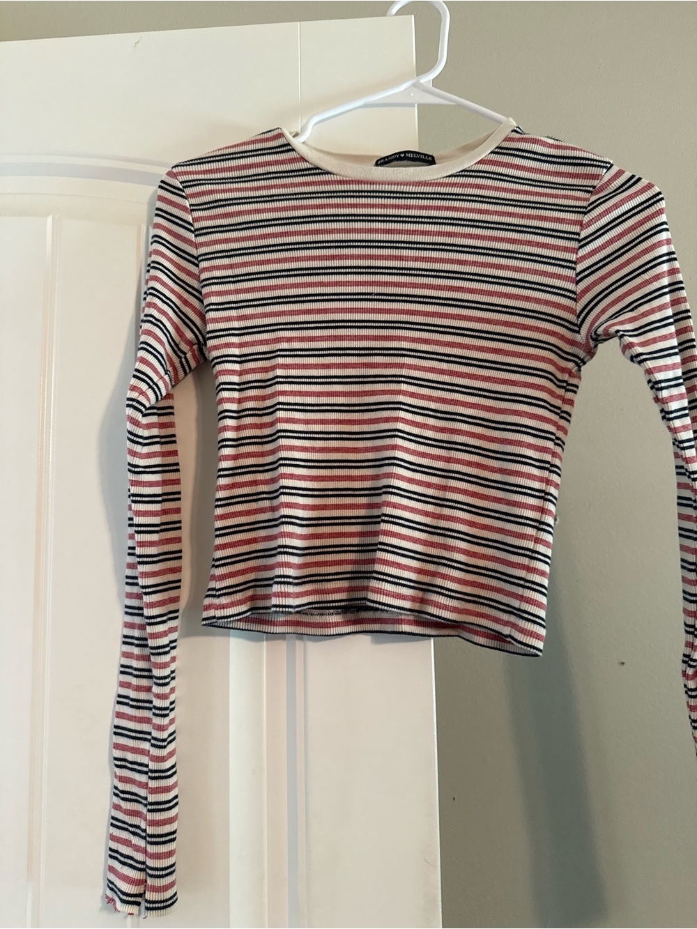 Brandy Melville Pink Black White Striped Ribbed Long Sleeve Top